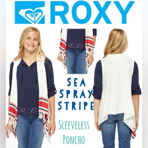 Roxy | Fringed Sleeveless Poncho 🌊 Sea Spray Stripe | S - Picture 1 of 12